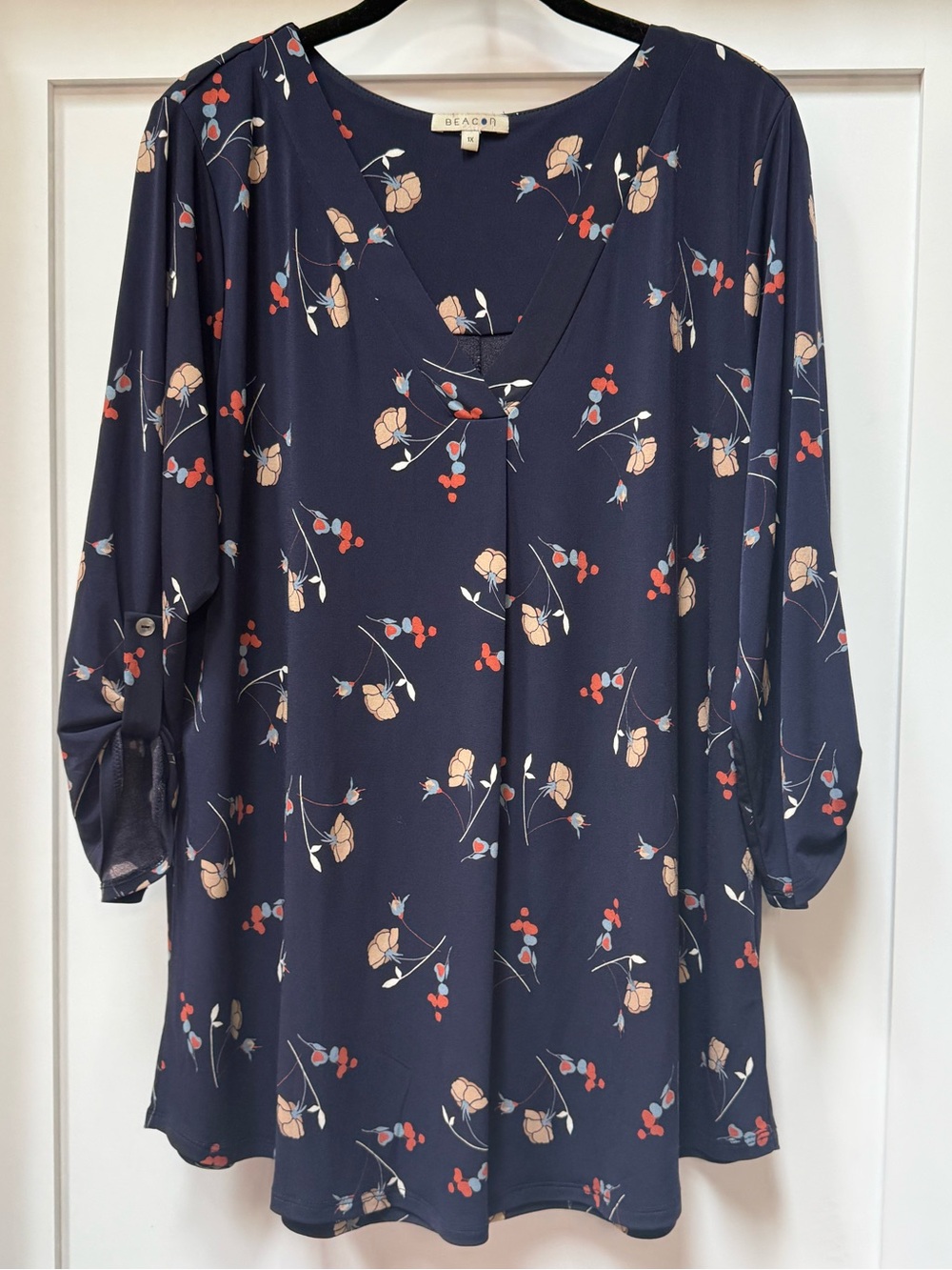 Beacon Patty Roll-Tab Knit Top Navy Floral 1X
